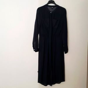 DKNY sheer shirt midi dress S button down navy drawstring waist